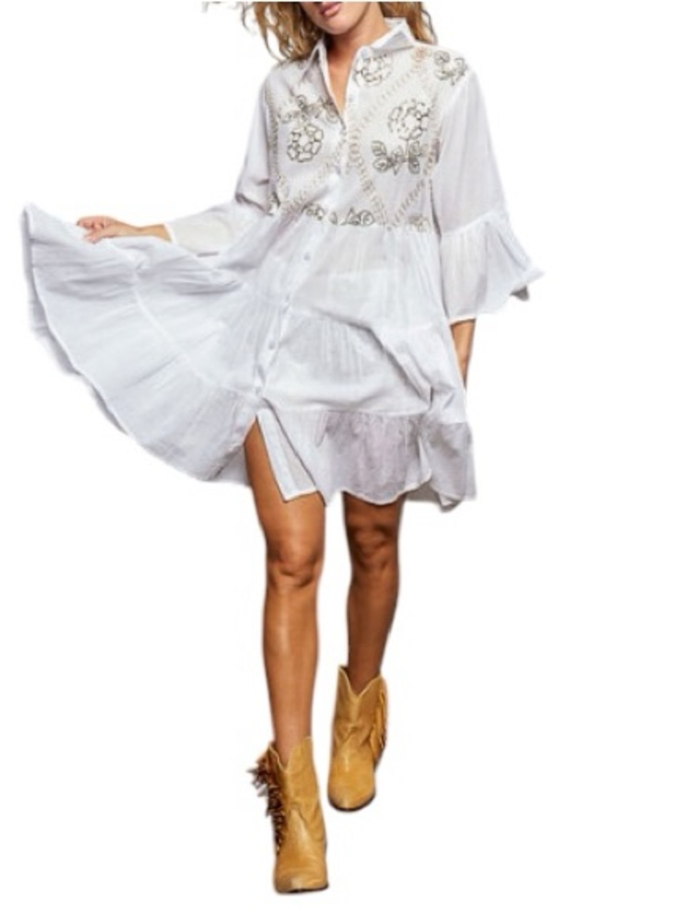 NEW POL Floral Sequin Embroidered Mini Tiered Shirt Dress White Festival Boho